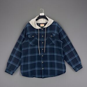 Wrangler Authentics Mens XL Hooded Flannel Shirt Jacket Quilted Lined Blue Plaid